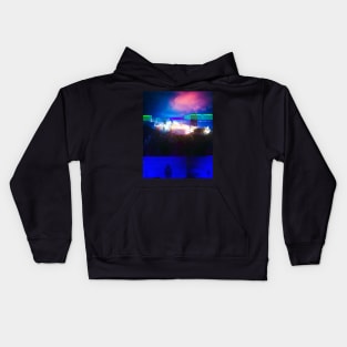 Cyborg Astronaut Gazing and Lit-up City Glitch Art Kids Hoodie